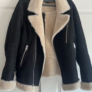 Diesel Black and Cream sheep leather shearling Jacket with Moto Design